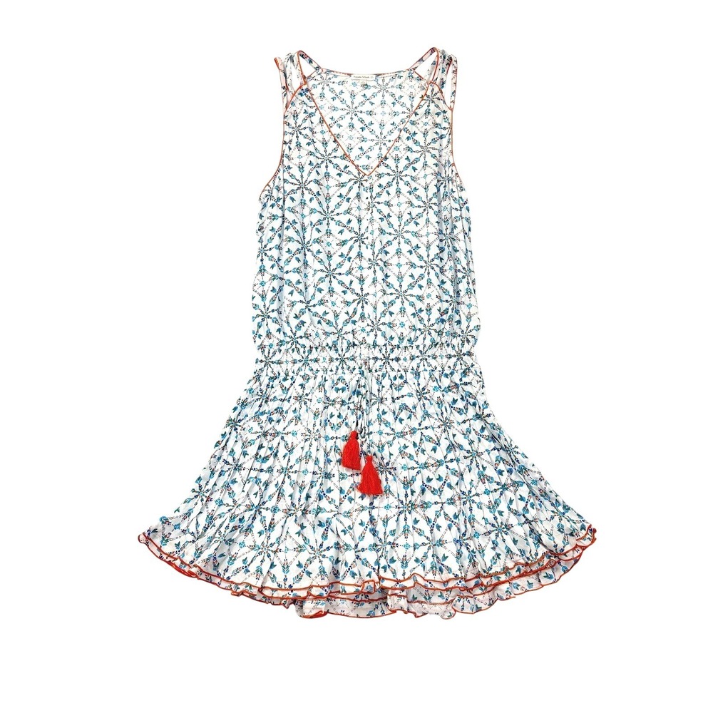 Poupette St Barth XS White Blue Orange Geometric Print‎ Romper Tassel Viscose